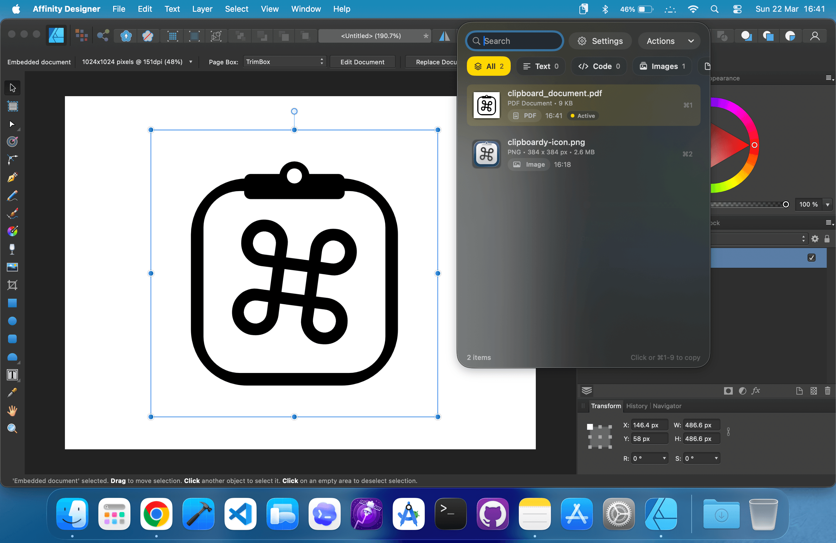 ClipBoardy history floating over Affinity Designer with image and PDF clips.
