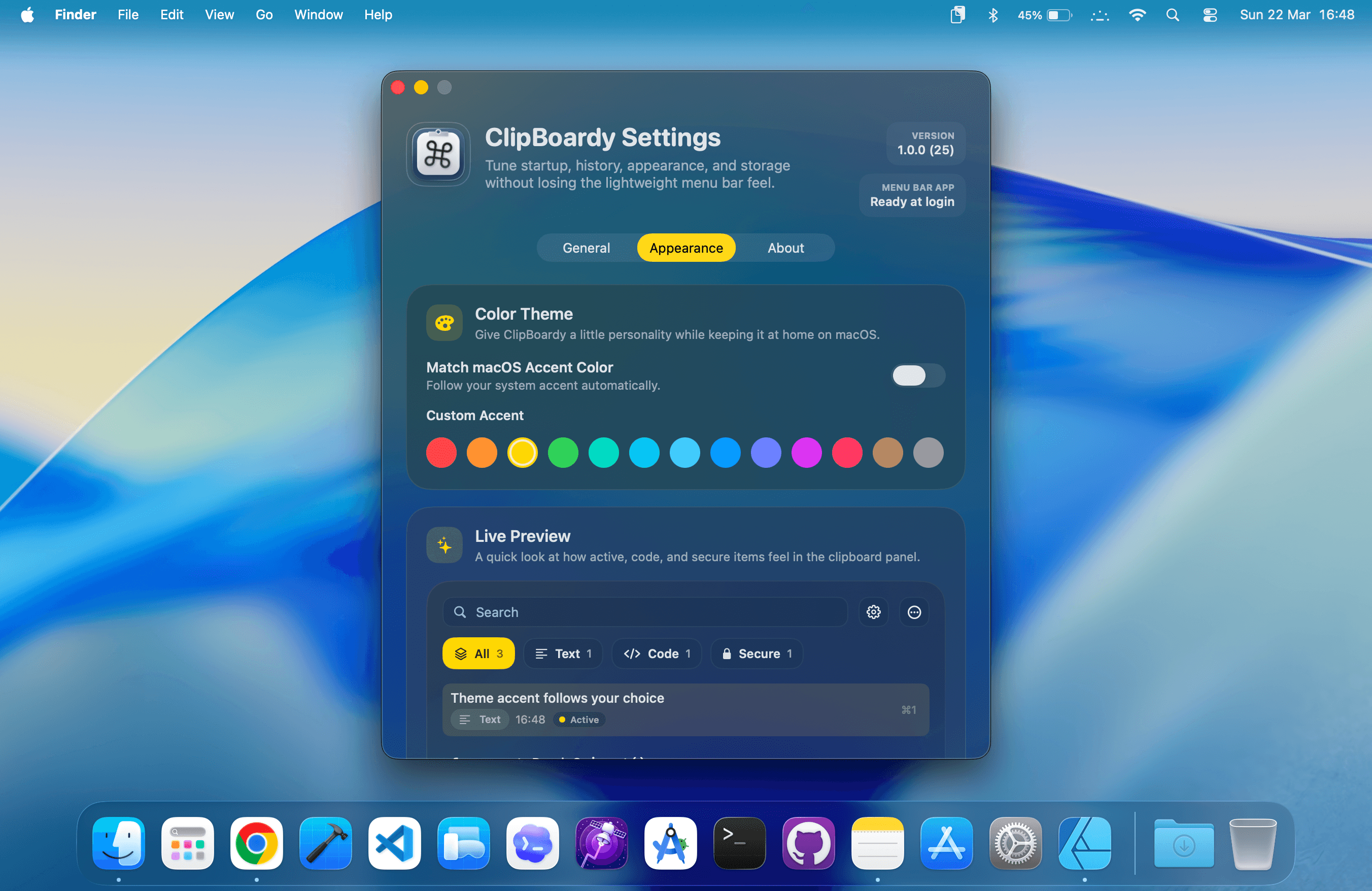ClipBoardy settings with appearance options and a live preview.